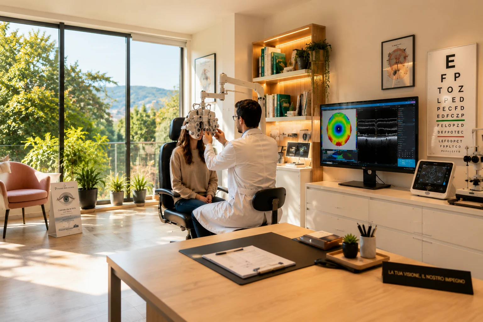 Ambiente di valutazione visiva con paziente e strumentazione specialistica