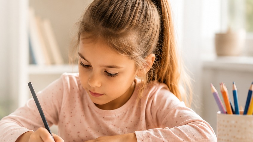 Bambina impegnata a scrivere e osservare il quaderno