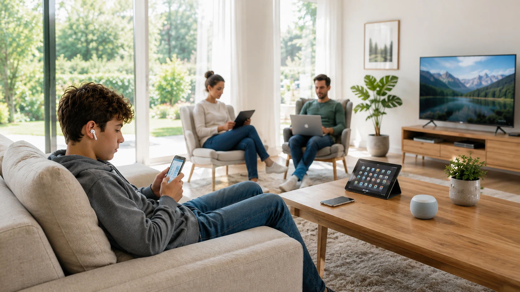 Famiglia in un ambiente luminoso con smartphone, tablet, computer e televisione