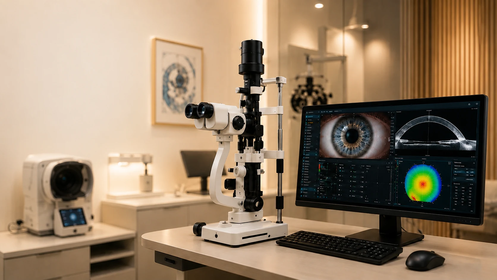 Strumentazione diagnostica oculistica avanzata con lampada a fessura e analisi digitale