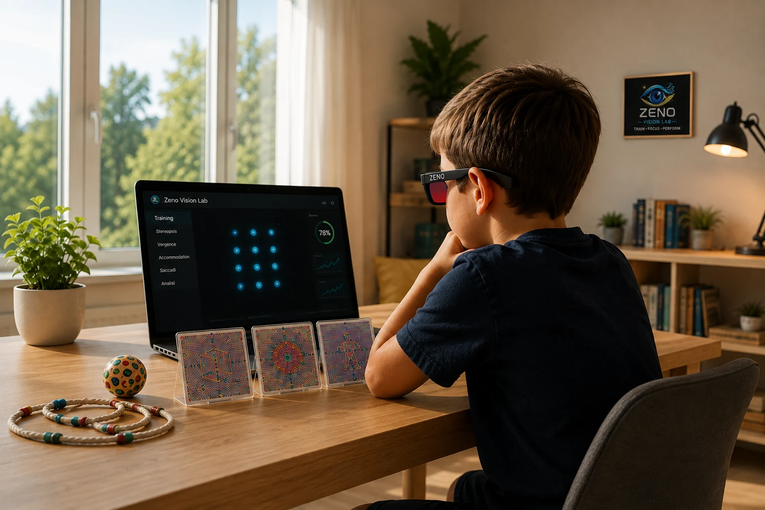 Bambino impegnato in un percorso di riabilitazione visiva con strumenti di training e ZENO Vision Lab