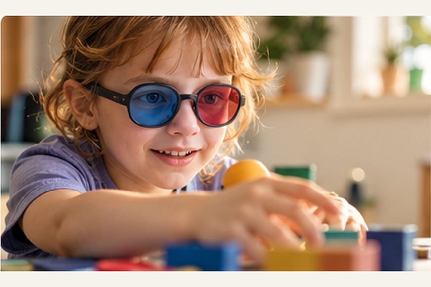 Ambliopia e sviluppo visivo: bambino impegnato in attività visiva con filtri colorati.